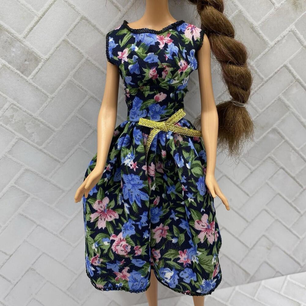 Barbie Size Dress~floral With Gold Ribbon Bow